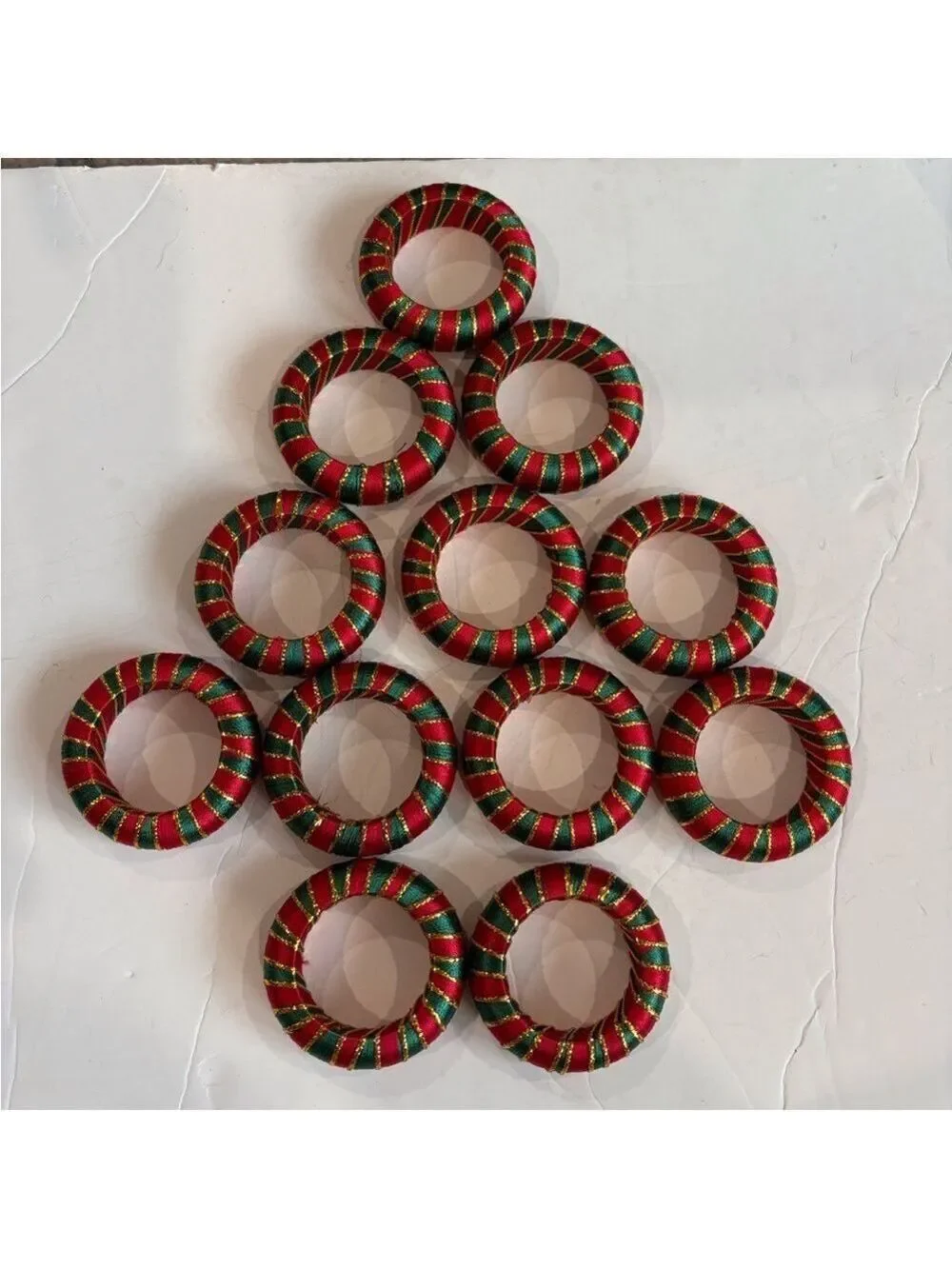 Festive Red and Green Striped Napkin Rings with metallic gold thread. Set of 12.